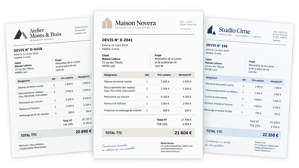 Trois exemples de devis comparables uniquement par leur prix
