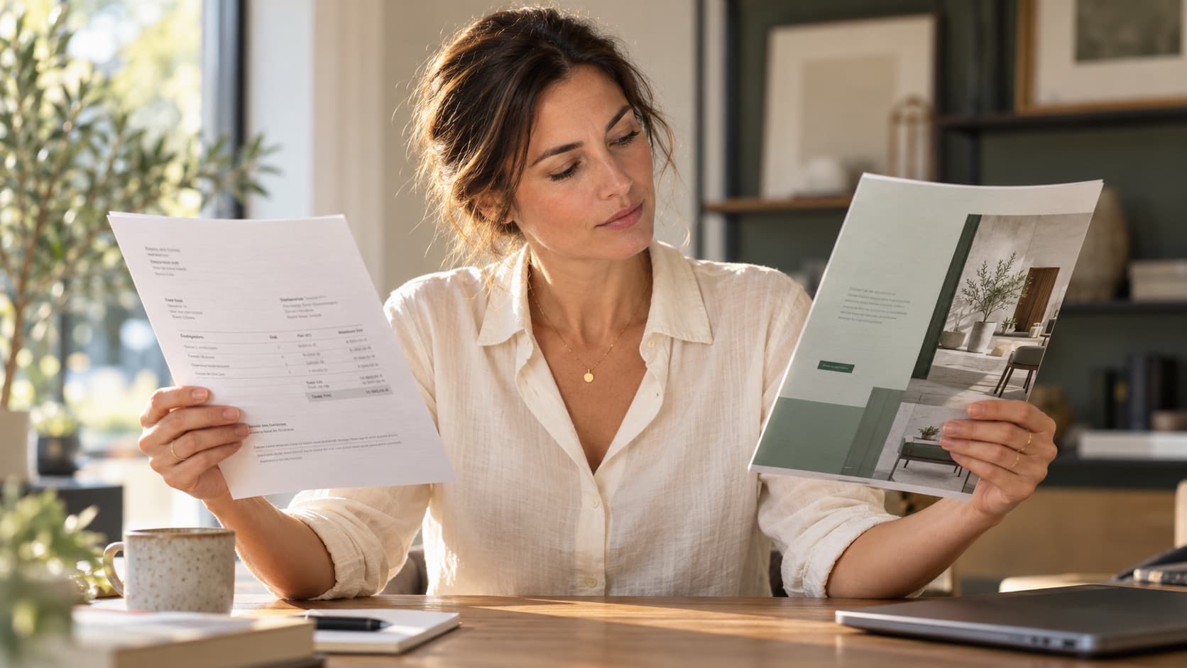 Une professionnelle compare un devis classique et une proposition commerciale illustrée à son bureau